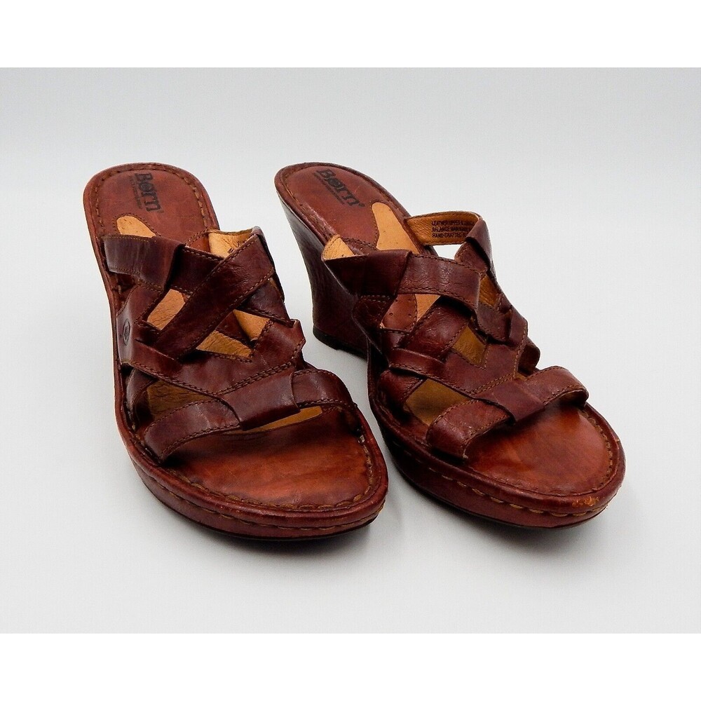 Born Women's Wedge Brown Leather Sandal Sz 8 Cross Strapped Handcrafted Slide